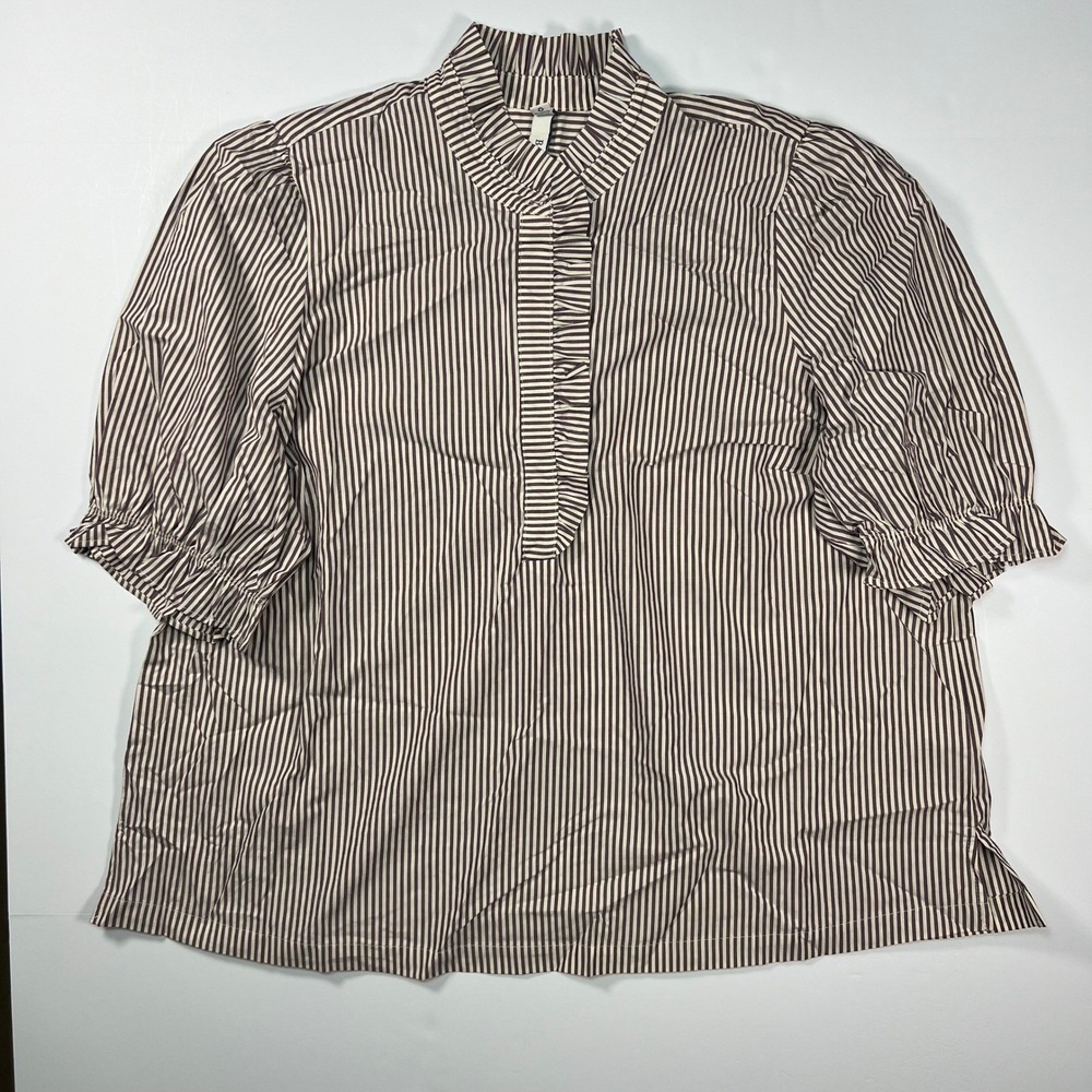 Torrid Belle Isle Blouse Women 1X 14-16 Burgundy White Stripe Ruffle Puff Sleeve